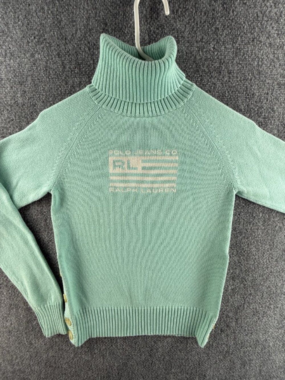 Ralph Lauren Polo Jeans Women Flag Sweater Light Blue Turtleneck Small Cotton
